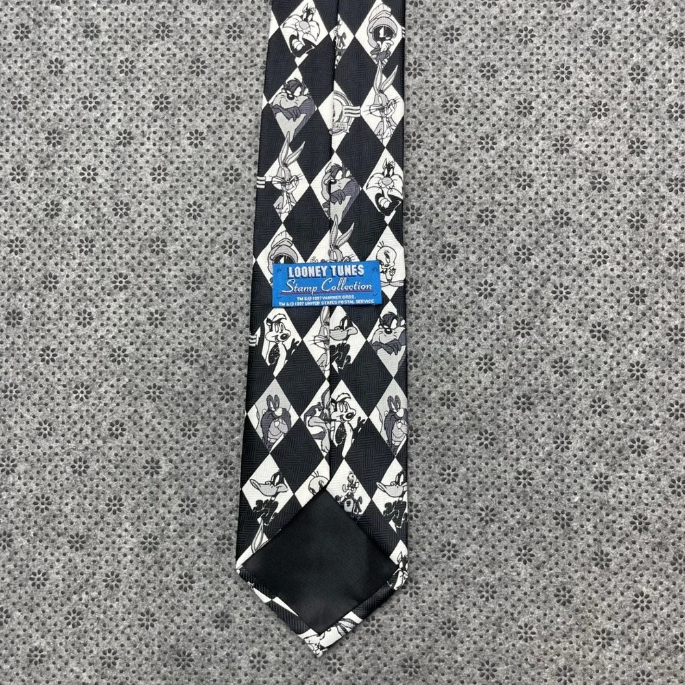 Vintage 1997 Looney Tunes Stamp Collection Tie Black White Diamond‎ Harlequin